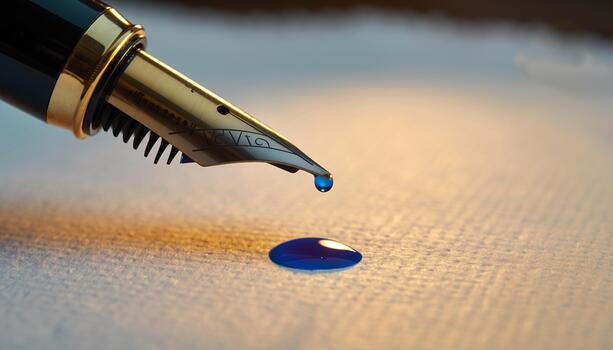 Close Up of Fountain Pen Dropping Blue Ink on Paper in Studio Setting photo