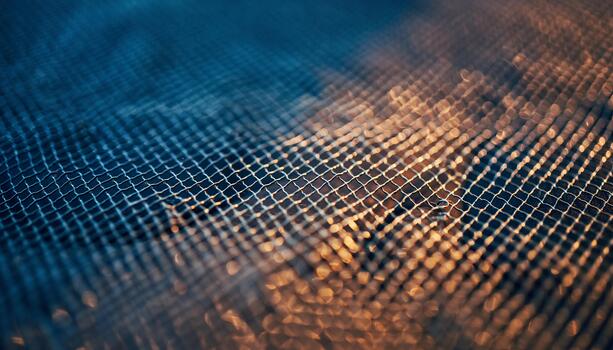 Abstract Blue and Gold Mesh Pattern with Shimmering Lights for Technology and Design Projects photo