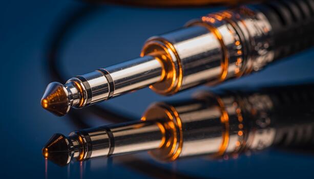 Close Up of Gold and Silver Audio Jack Plug on Black Cable in Studio Setting photo