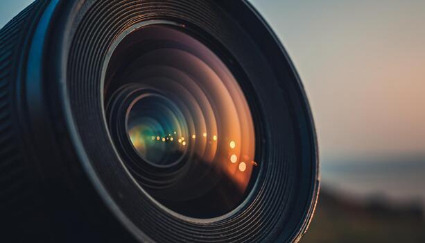 Close Up of Camera Lens with Light Reflections and Sunset in Background photo