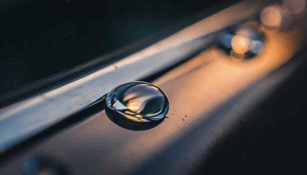 Close Up Water Droplet on Metal Surface with Warm Lighting and Depth of Field photo