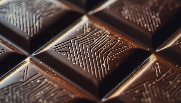 cerca arriba de oscuro chocolate pedazo con intrincado circuito modelo y lustroso superficie foto