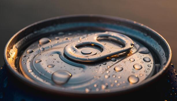 Close-up of a Soda Can Top with Water Droplets in Warm Lighting photo