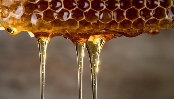 Honeycomb with Dripping Honey in Macro Close-up Shot Highlighting Golden Liquid and Textured Pattern photo