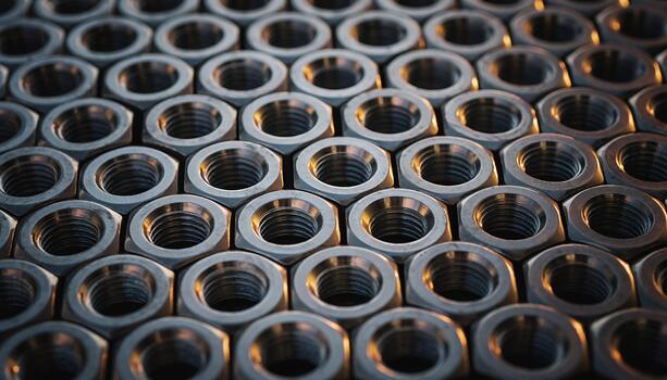 Closeup of Metallic Nuts in Factory Setting with Warm Lighting for Industrial and Manufacturing Use photo