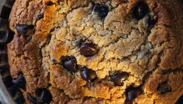Close-up of Chocolate Chip Cookie with Golden Brown Edges and Soft Center photo