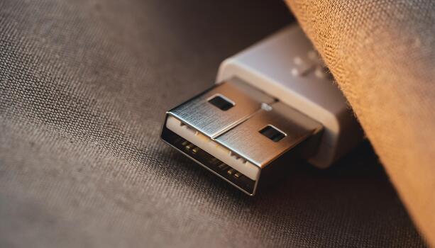 Close Up of Usb Flash Drive on Soft Fabric Surface in Warm Lighting photo