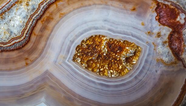 Close Up of Natural Geode with Gold and Silver Crystals Inside on Rock Surface photo
