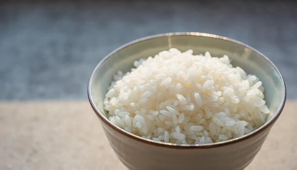 Plain White Rice in Ceramic Bowl on Textured Surface with Natural Lighting photo