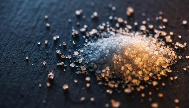 Close Up of Crystals on Dark Surface with Warm and Cool Lighting photo