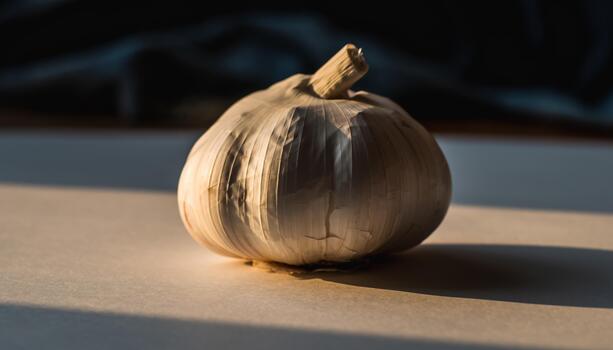 soltero ajo bulbo con calentar Encendiendo en neutral superficie en minimalista estilo foto