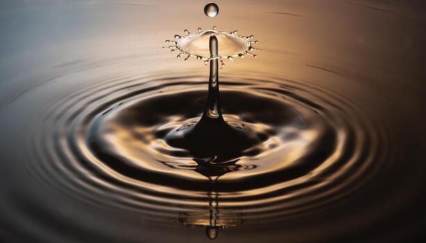 Close Up Water Droplet Splash in Dark Warm Tones with Reflection and Ripples photo