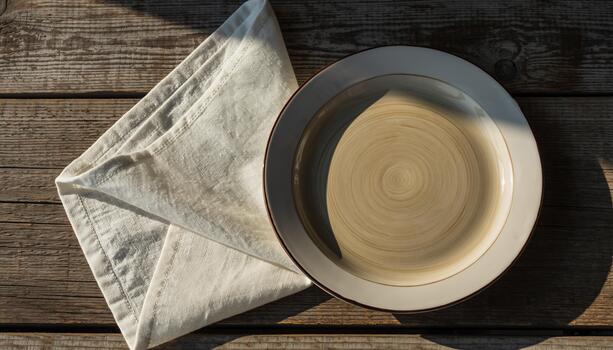 Empty White Ceramic Bowl on Rustic Wooden Table with Cloth Napkin in Natural Light photo