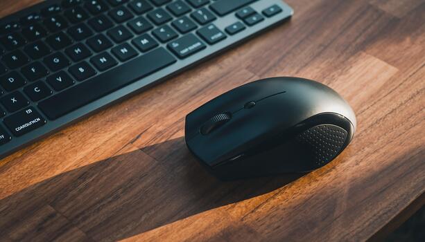 Computer Keyboard and Wireless Mouse on Wooden Desk in Office Setting photo