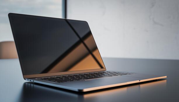 Modern Silver Laptop Open on Desk with Reflection in Screen in Bright Office Setting photo
