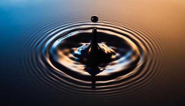 Close Up Water Droplet Splash on Surface with Ripples in Warm Light photo