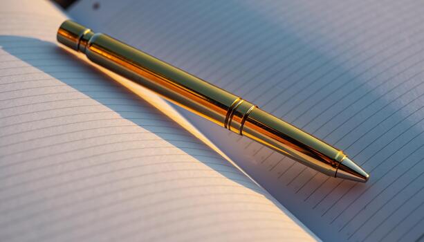 Gold Pen Resting on Open Lined Notebook in Warm Natural Light photo