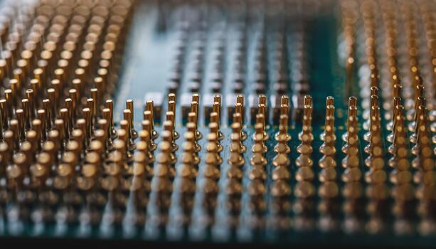 cerca arriba de circuito tablero con oro patas en electrónico tecnología ajuste foto