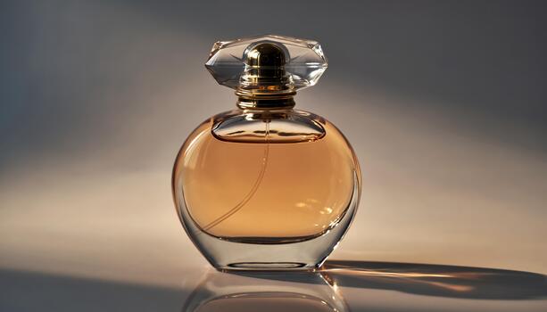 Elegant Glass Perfume Bottle with Amber Liquid on Soft Gradient Background photo