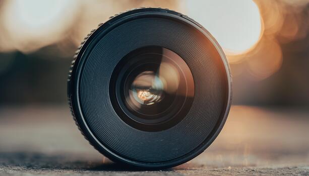 Close-up of Camera Lens on Ground During Sunset with Warm Bokeh Background photo