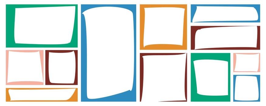 A set of empty frames. Empty speech bubbles. A large collection of colored text boxes. vector