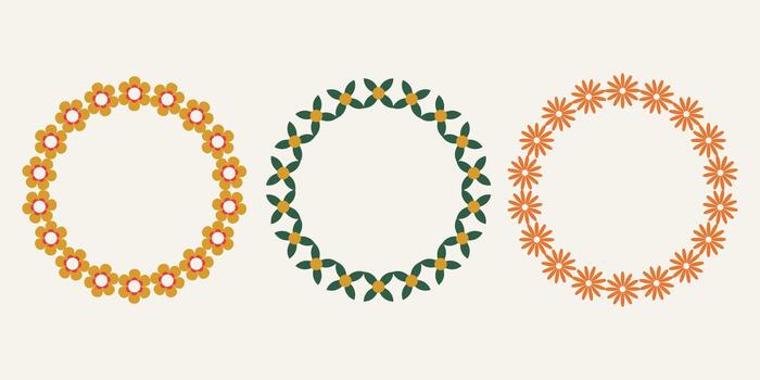 Set of floral frames in a groovy style. Simple botanical illustration. Laurel wreath with flowers. vector