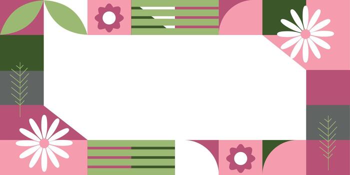 Abstract geometric frame in naive style with flowers and leaves. Swiss-style border. vector