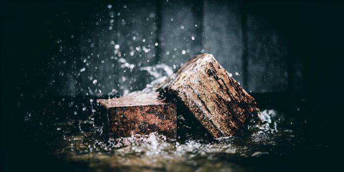 Water splashes dramatically on textured rock blocks creating an abstract and moody scene photo