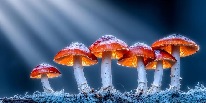 A row of bright red and white mushrooms with glowing undersides stand on a frost covered surface bathed in rays of light photo
