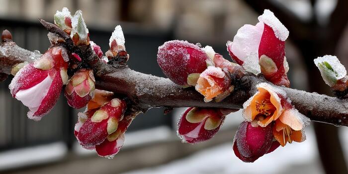 un cerca arriba de vibrante rojo y naranja flor brotes cubierto en un delicado capa de escarcha en un árbol rama en temprano primavera foto