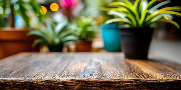 Rustic wooden table foreground with out of focus potted plants and soft warm light bokeh in the background photo
