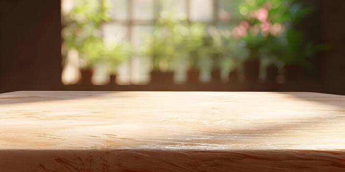 An empty rustic wooden table surface is bathed in sunlight with a blurred natural green background perfect for product display photo