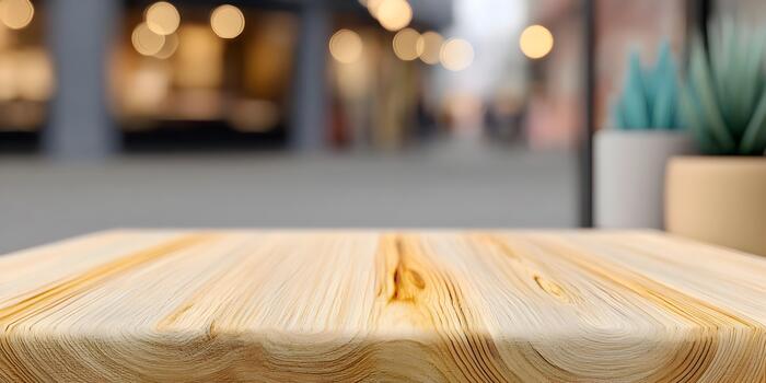 An empty light wooden table surface displaying natural grain in front of a warm blurred background with soft bokeh lights photo
