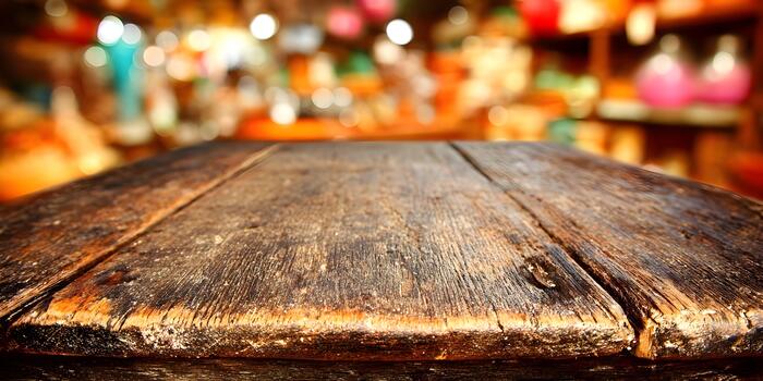 A rustic wooden table surface stands empty with a warm blurred bokeh background photo