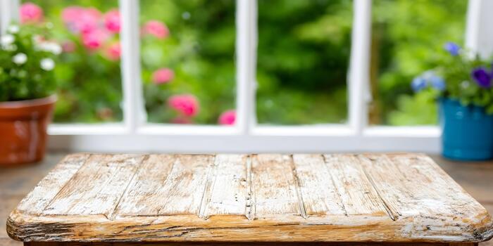 An empty rustic wooden table stands in front of a blurred window view of a vibrant green garden with colorful flowers and potted plants photo