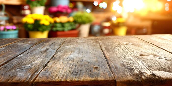 An empty rustic wooden table surface sits in the foreground with a blurred background of colorful flowers and warm lights creating a cheerful photo