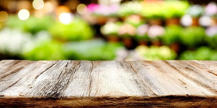An empty rustic wooden table surface with a blurred green natural background and colorful bokeh lights photo