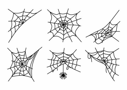 Set of six spider webs in various shapes and styles, including a hanging spider. vector