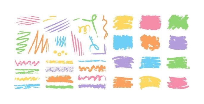 Chalk lines, square frames, pencil underlines, stars, hearts, lines, color crayon stroke by pen, brush scribbles. rectangle charcoal hand drawn sketch elements. Doodle grunge style texture vector