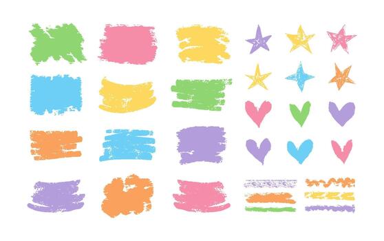 Chalk lines, square frames, pencil underlines, stars, hearts, lines, crayon stroke by pen, brush scribbles. color rectangle charcoal hand drawn sketch elements. Doodle grunge style texture vector