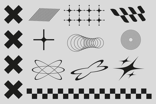 Y2K shapes set. Futuristic and retro geometric symbols including abstract spirals, atom, grid, stars, and cross . vector