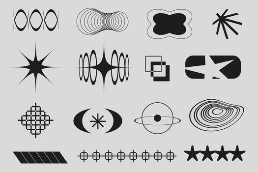 Y2K shapes set. Futuristic and retro geometric symbols including stars, spirals, orbits, sparkles, and tech elements. Perfect for digital design, poster, and interface. vector