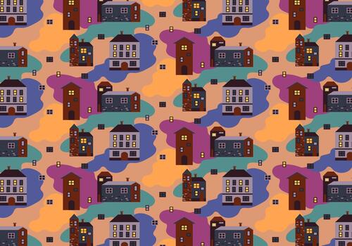 Seamless pattern with cartoon tiny houses. Conceptual composition of homes in flat style. Cute textures with buildings in pastel colours for design and printing. Composition of high rise buildings. vector