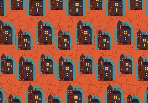 Cute seamless pattern with cartoon tiny houses on orange background. Conceptual composition of homes in flat style. Colorful textures with buildings in pastel colours for design and printing. vector