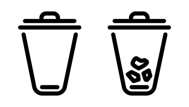 Trash bin icons showing an empty and a full garbage container. Simple outline illustration vector