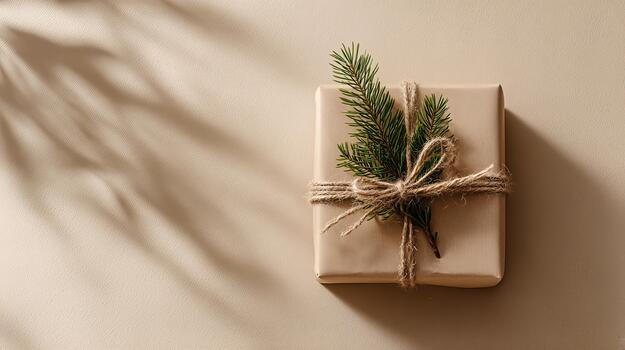 Minimalist gift wrapped in kraft paper and tied with jute string, decorated with pine twig on beige background. Natural Christmas composition with shadows photo