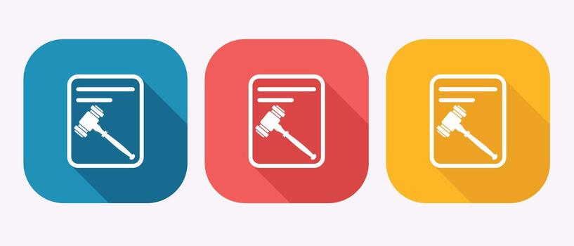 Law legal document icon with judge gavel showing jurisprudence concept in blue square button design vector