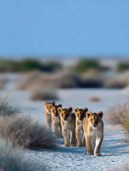 Lion cubs walk in a line across a sandy landscape in nature photo