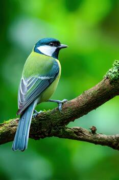 Colorful songbird perched on a moss-covered branch in a lush green forest photo