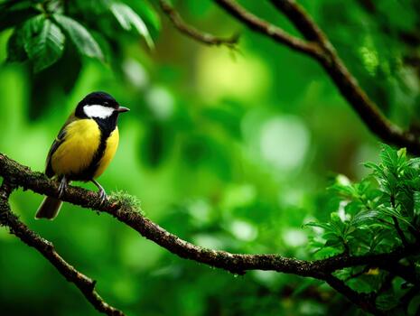 Brightly colored bird perched on a branch in a lush green forest setting photo